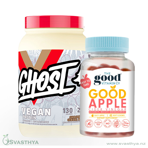 Ghost Vegan Protein Chocolate Cereal Milk 2 Lb & The Good Vitamin Co Apple Cider Vinegar Gummies.