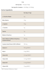 Myprotein Impact Pre workout nutritional panel