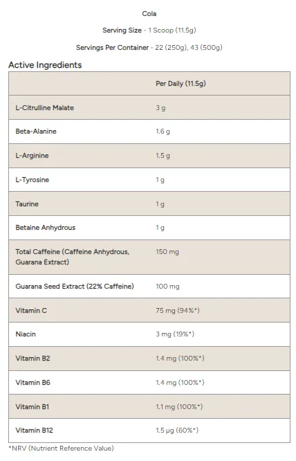 Myprotein Impact Pre workout nutritional panel