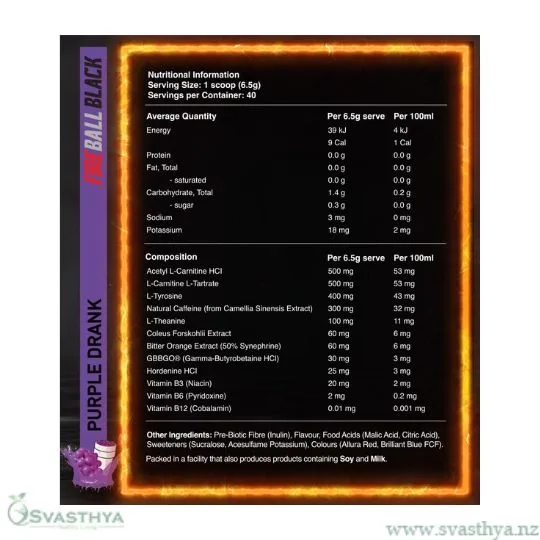Red Dragon Nutritionals Fireball Black 40 serves Nutritional Panel
