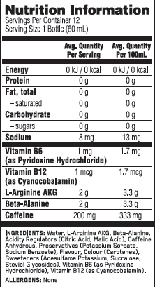 Optimum Nutrition Pure Pre 200 shot nutritional info panel