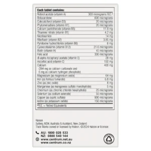 Centrum for women 60 tablets nutrition panel