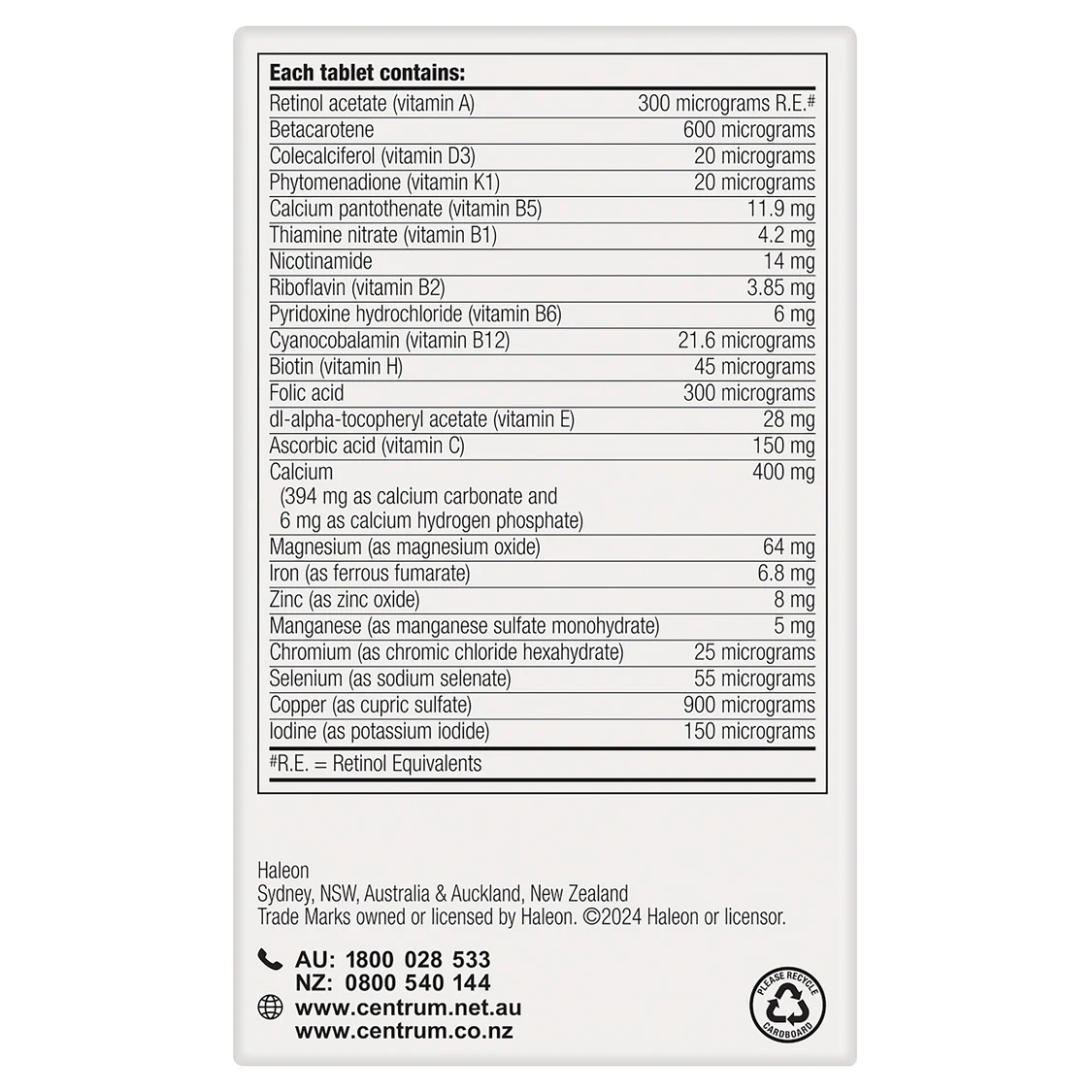 Centrum for women 60 tablets nutrition panel